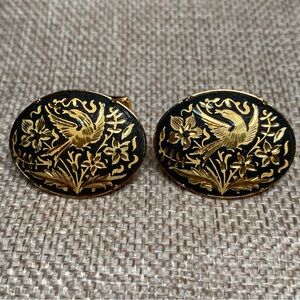 🍒3 for $33🍒Elegant Black Cufflinks With Gold Floral Bird Motif